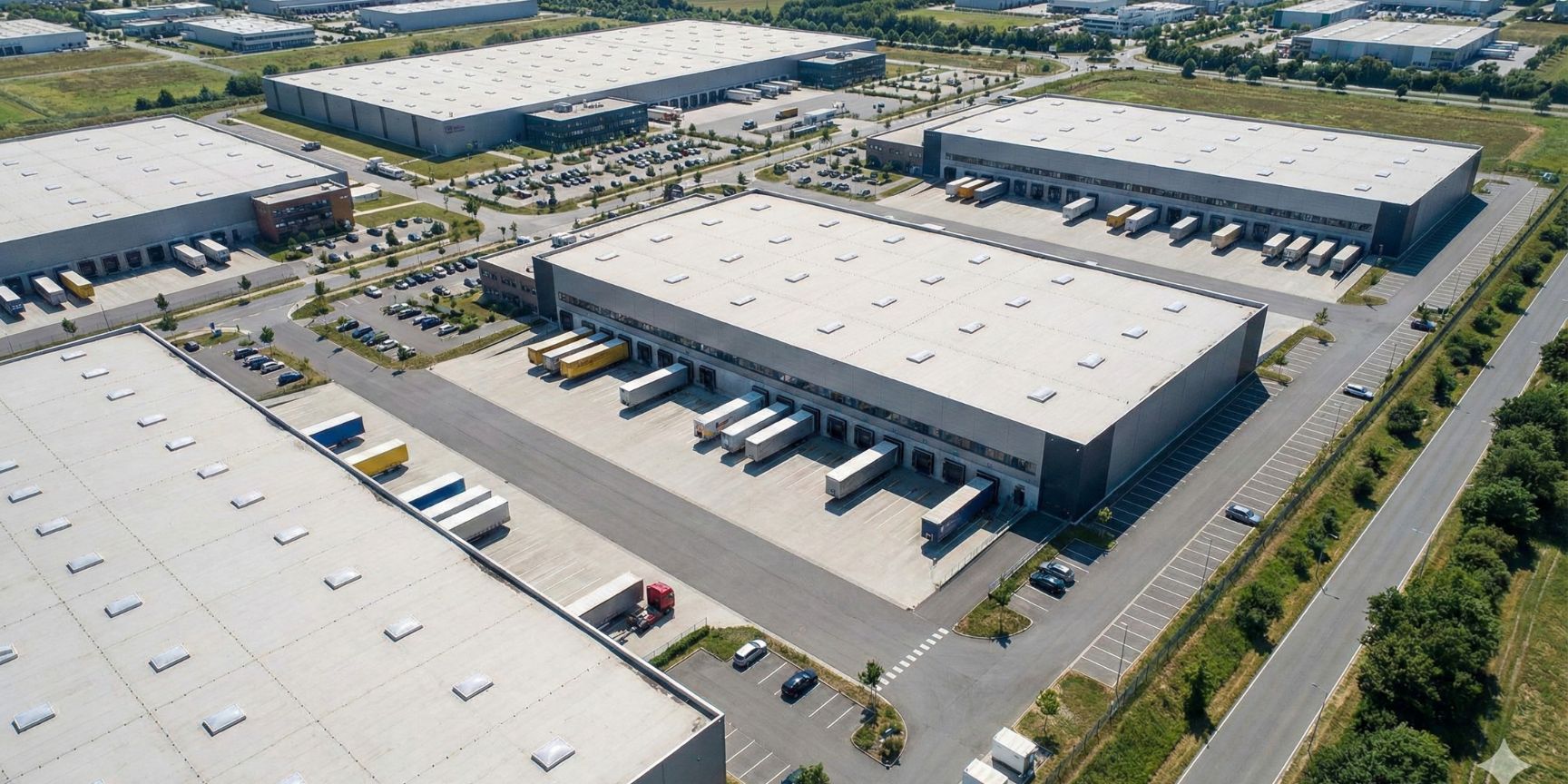 Luftaufnahme eines modernen Logistikparks, die mehrere große Logistikzentren (